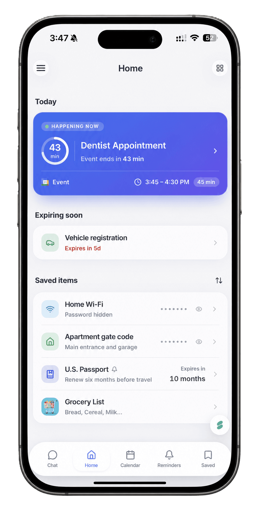 Sorelia's home screen on an iPhone: a dentist appointment happening now, a vehicle registration expiring in five days, and saved items including a Wi-Fi password and a passport.
